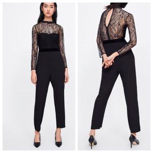 Zara Mesh Lace Contrast Long-Sleeved Jumpsuit